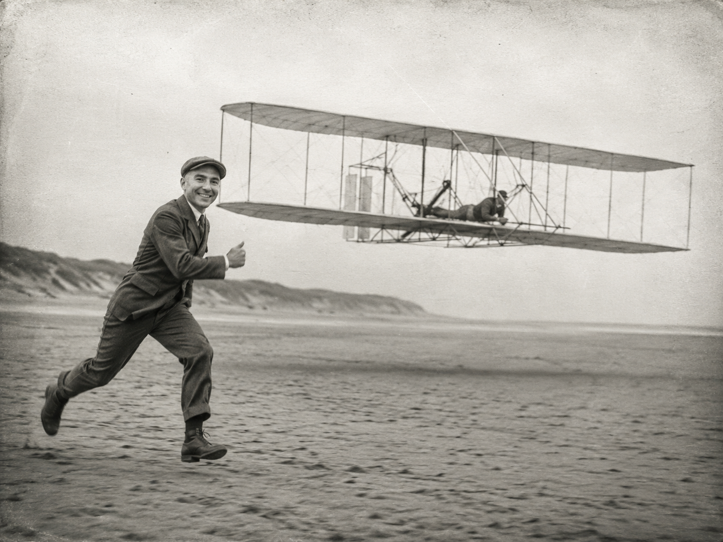 Matthew Black running on the sand as the Flyer flies low beside him