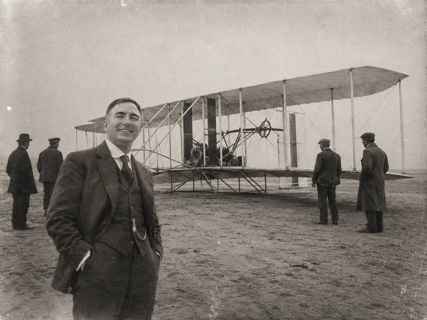 Matthew Black smiling before the Flyer on the ground with crew nearby
