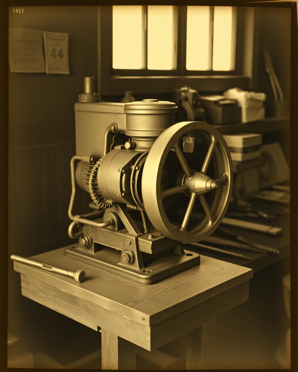 The hand-built four-cylinder engine on a workshop bench