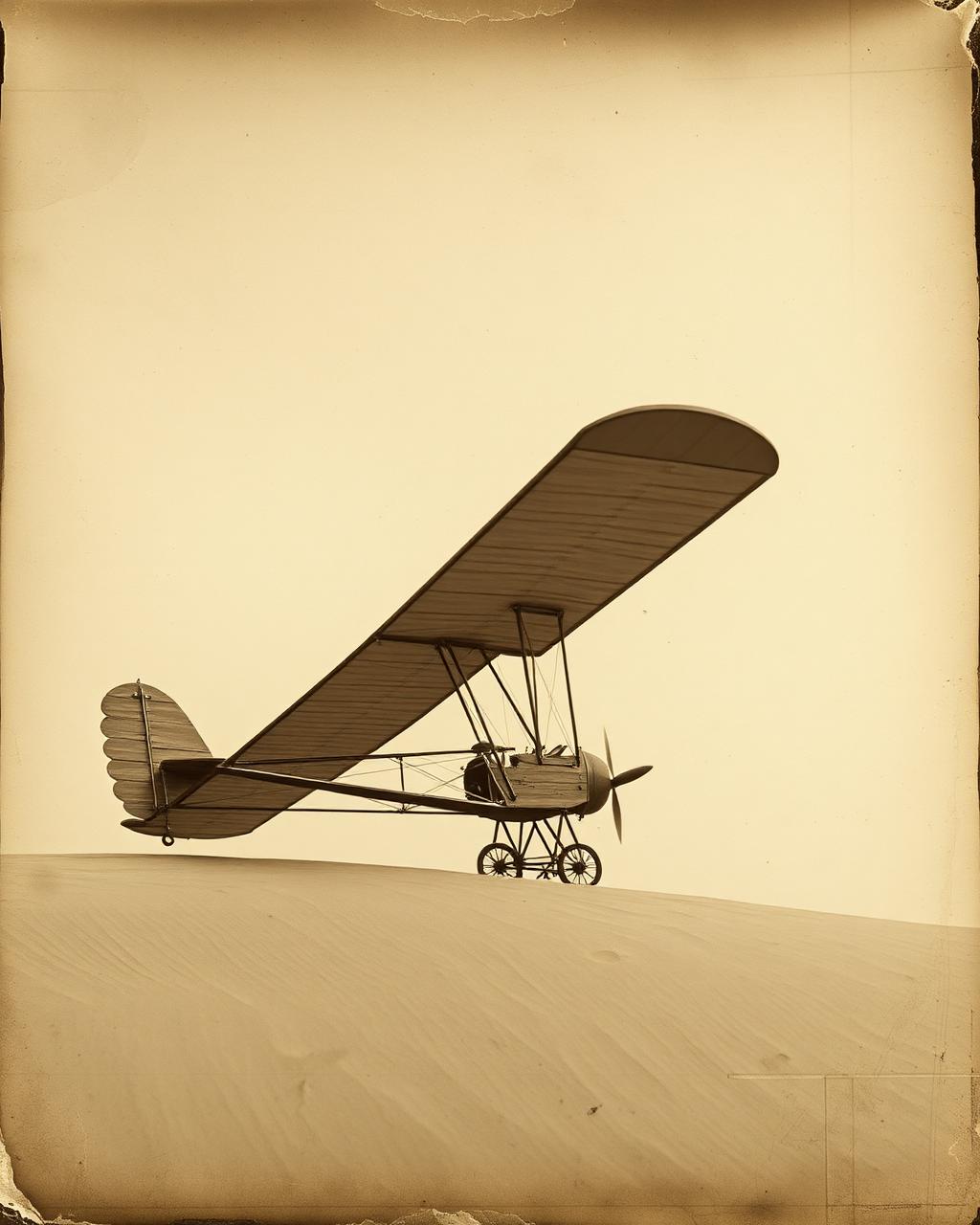 The 1902 wooden glider resting on sand dunes