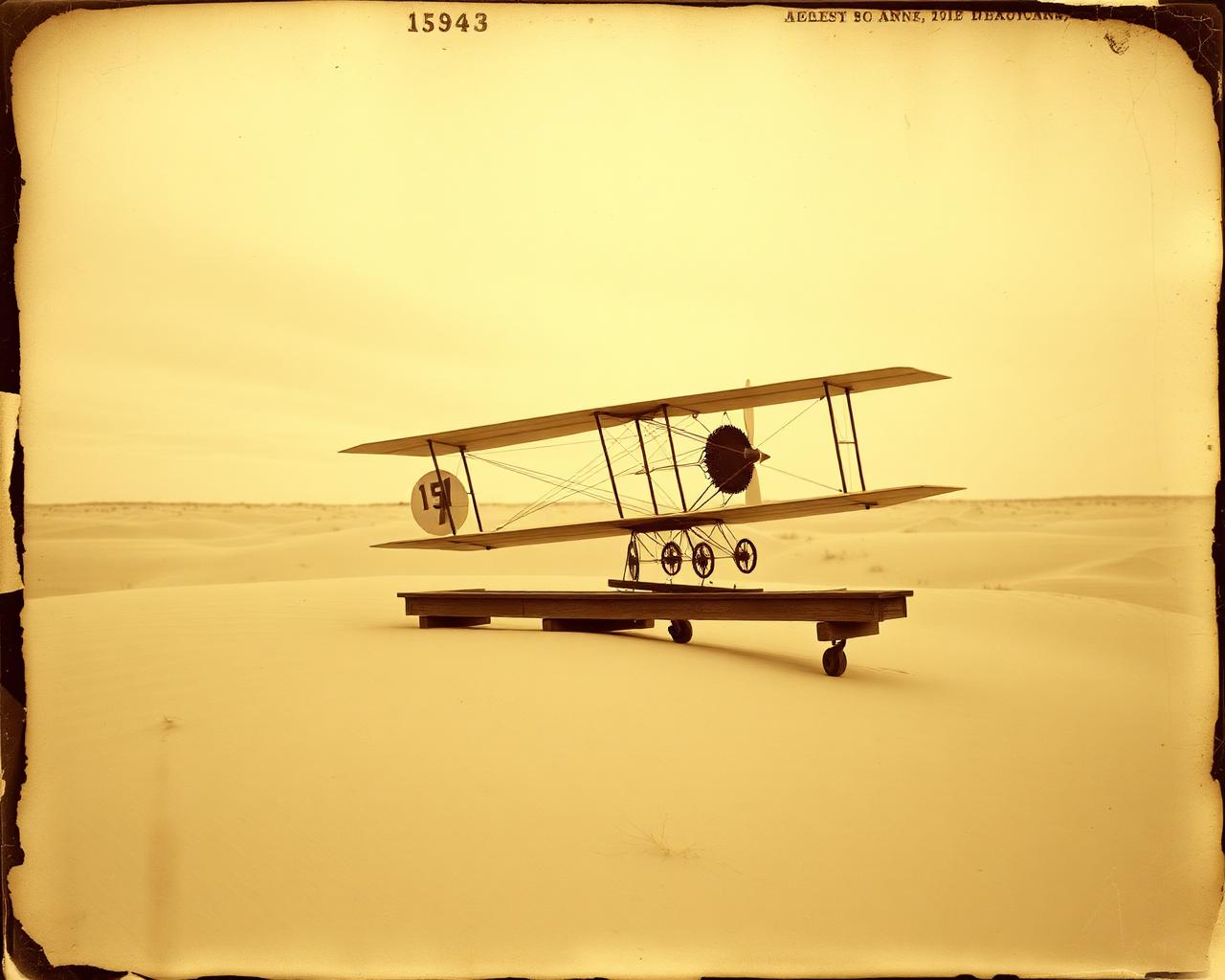 The Flyer on its launch rail at Kitty Hawk, from the exhibit's photographic plates
