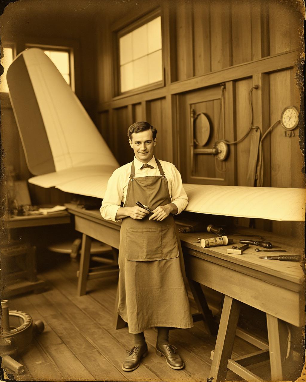 A machinist with tools beside the tail assembly in the workshop